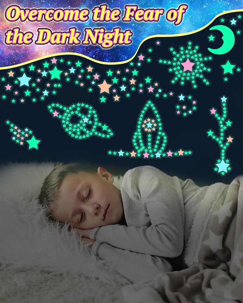 Oomloid 201 Pcs Glow in The Dark Stars Stickers for Ceiling, Toddler Wall Room Decor Gifts, Luminous 3D Glowing Stars Stocking Stuffers for Kids Boys Girls - Multi - Image 2